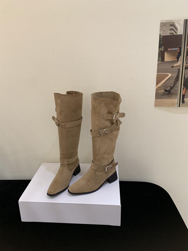 Khaki High Heel Suede Pile Medium Boots Women's Boots 2025 Fall Winter Western Skinny Long Knight Boots