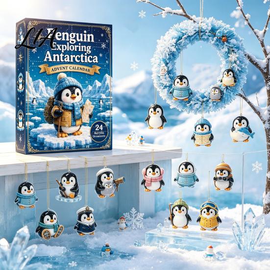 24 Day Countdown Box Antarctic Penguin Advent Calendar, 24-Day Winter with Cute Christmas Gift for Children Explorer Ornaments, 2D Acrylic