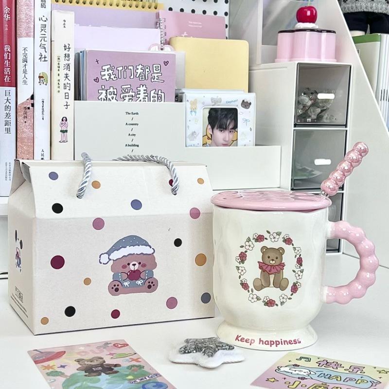 High Looking Cute Little Bear Goblet Cartoon Ceramic Mug with Lid Spoon Girl Coffee Cup Birthday Gift
