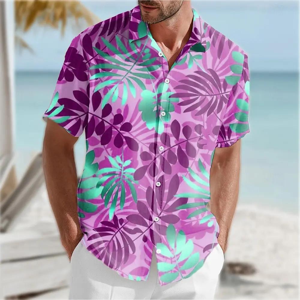 Summer Men's Short Sleeved Hawaiian Beach Shirt 100% Polyester Fiber Men's Vacation Casual Shirt Top
