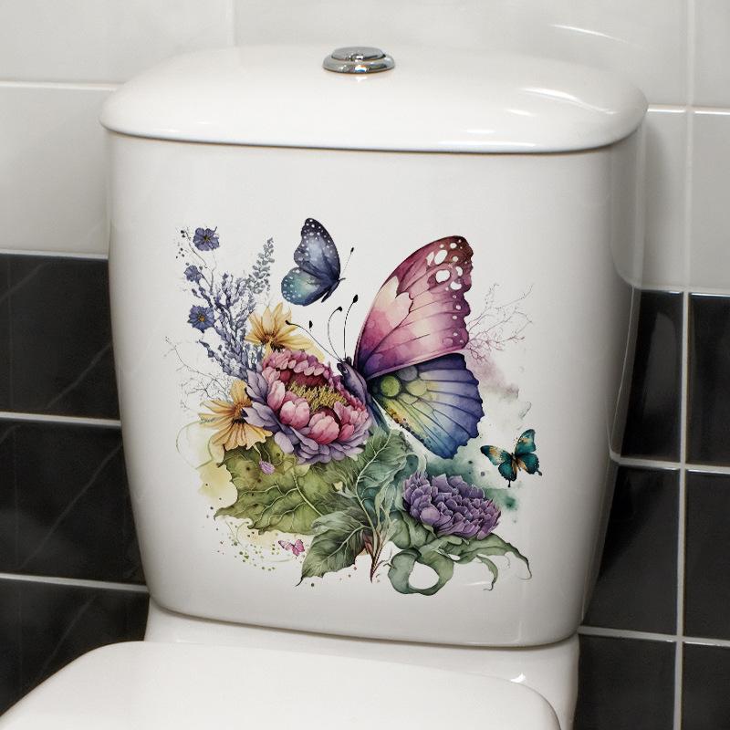 Butterfly Flower Toilet Sticker Self Adhesive Bathroom Wall Decoration Waterproof Removable Vinyl Art
