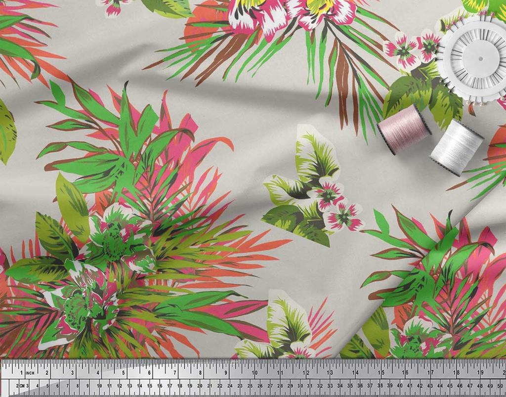 Soimoi Cotton Cambric Fabric Leaves & Lily Flower Print Sewing Fabric Metre 42 Inch
