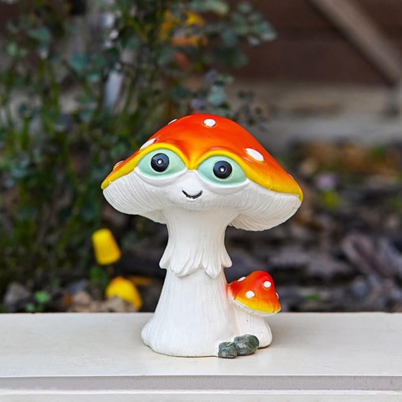 Handcrafts Green Eyed Mushroom Figurine Resins Miniature Ornament for Whimsically Tabletop and Garden Landscape Decors