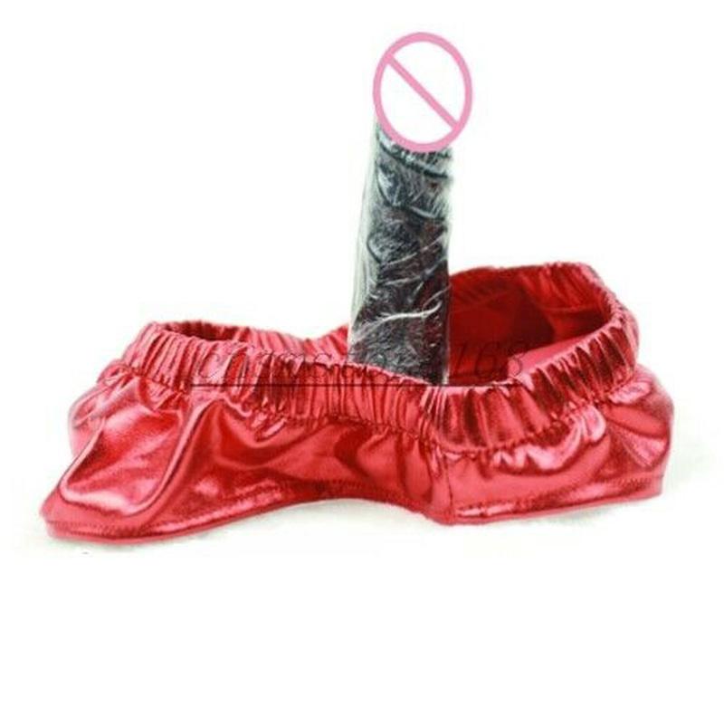 Chiloți tanga sexy din piele lăcuită cu aspect umed, cu dop de castitate, chiloți cu bretele, lenjerie erotică pentru cuplu