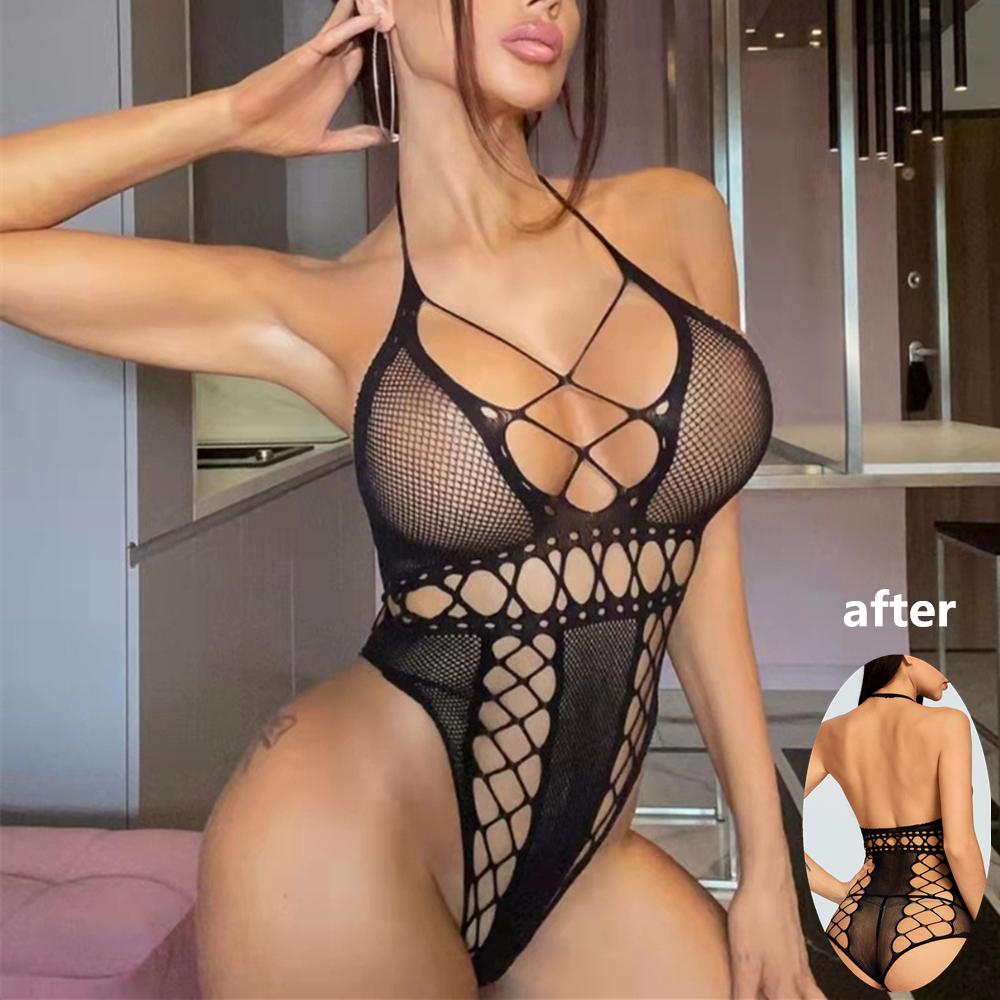 Sexy White Black Lingerie Body Stocking Open Crotch Fishnet Jumpsuit Women Crotchless Lenceria Femenina