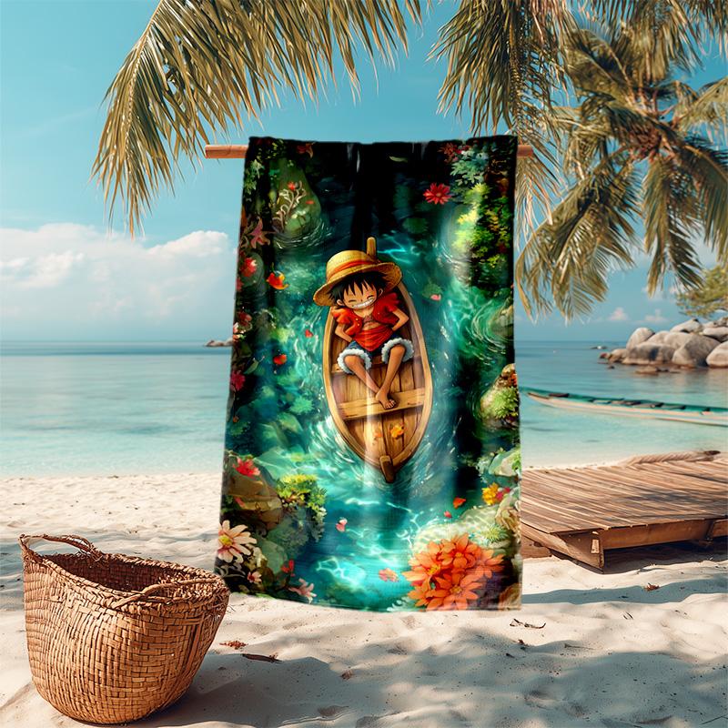 Classic Japanese Element Cartoon ONE PIECE Monkey D. Luffy Beach Towel Outdoor Camping Vacation Swimming Beach Towel Outdoor Absorbent Bath Towel Y22
