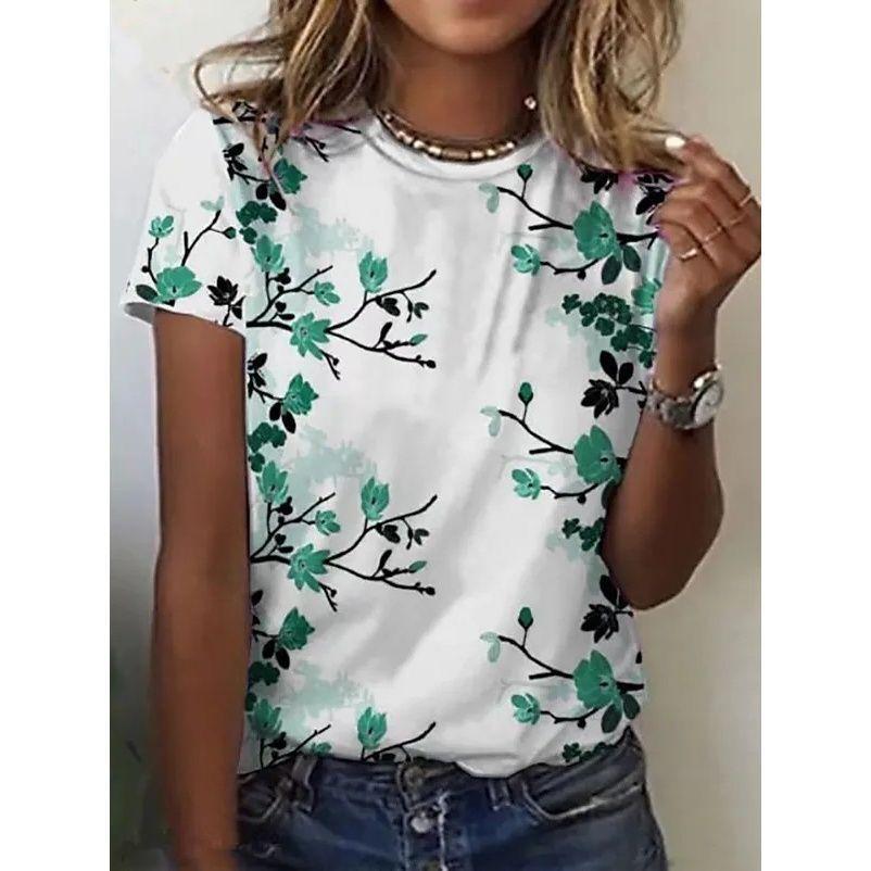 Women's Poppy Flower Print T-Shirt - Oil Painting Style Short Sleeve Casual Top