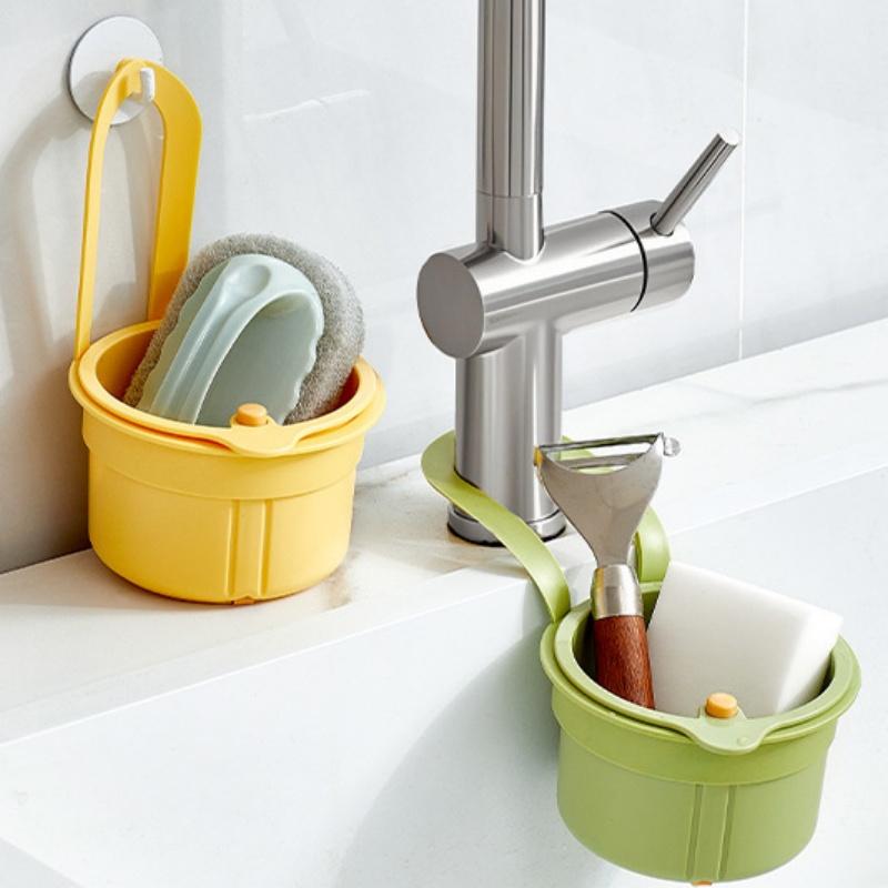 

Kitchen Sink Drain Basket Press Automatic Dumping Basket Faucet Hanging Holder Kitchen Waste Collector Adjustable Sponge Rack жовтий