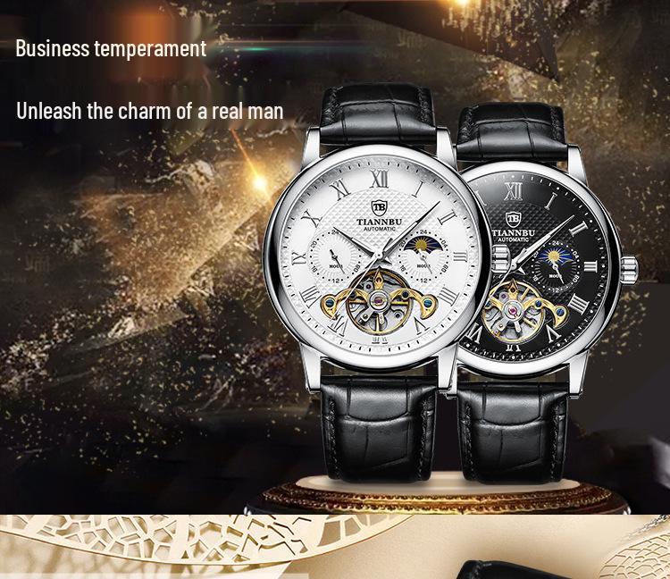 Relógio Masculino Automático Luminoso à Prova d'Água com Pulseira de Couro - Design Sol Lua Estrelas