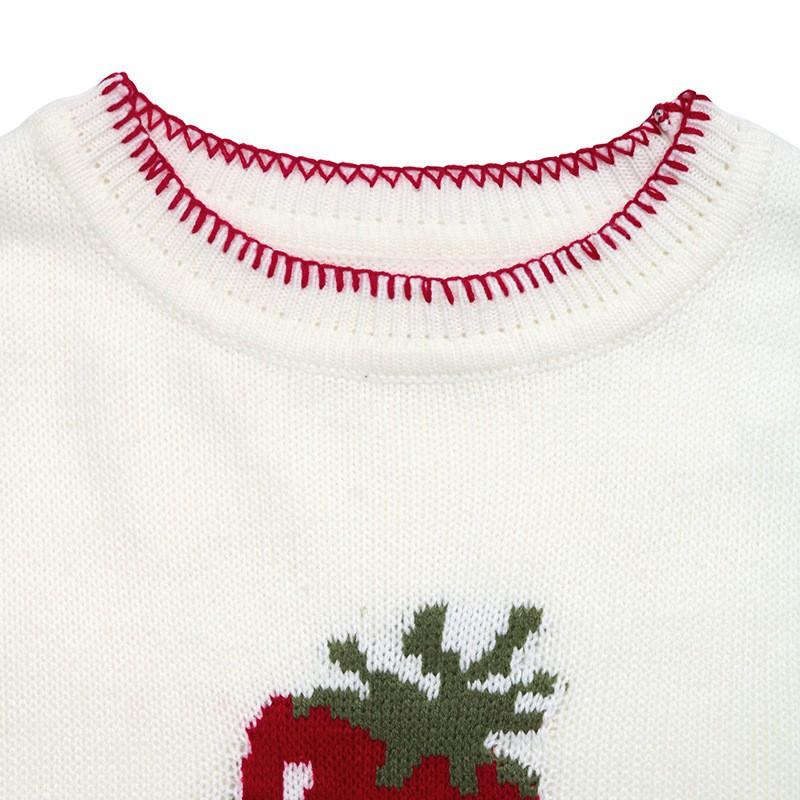 Womens Winter Knit Sweater With Strawberry Jacquard Round Neck Long Sleeve Loose Fit Casual Pullover