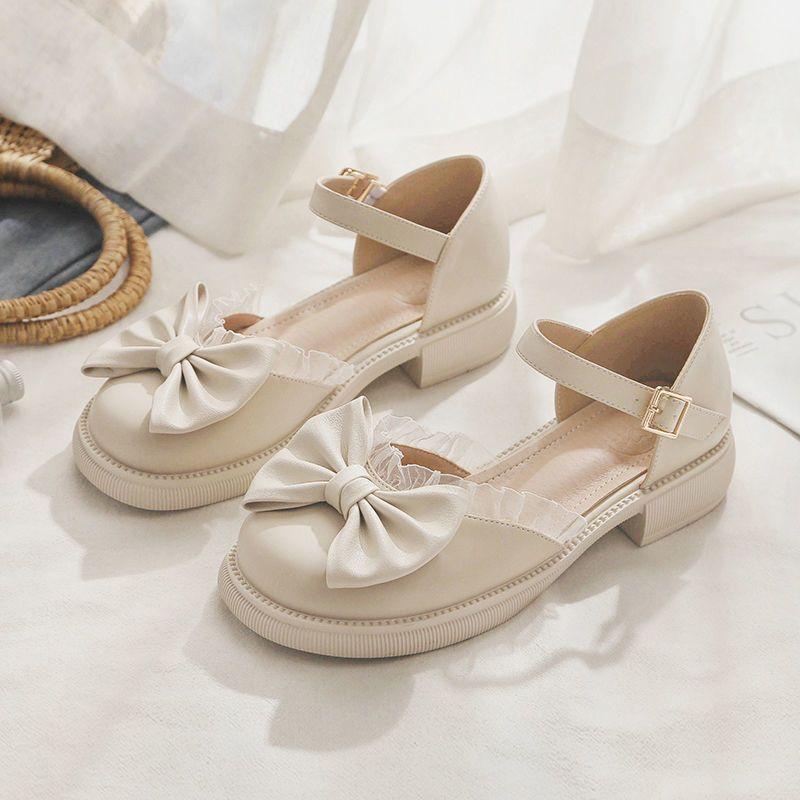 Thick-heeled small leather shoes, evening breeze gentle with skirt single shoes 2025 summer new bow Mary Jane sandals women