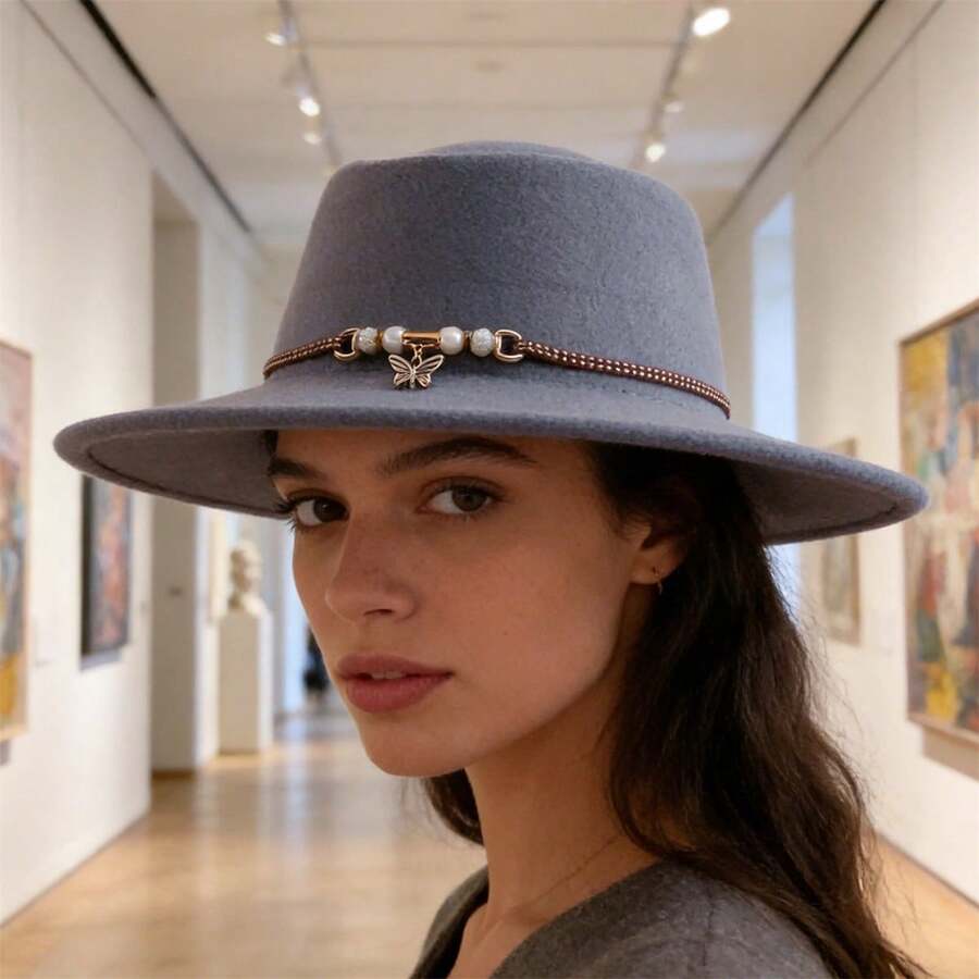 Vintage Western Wide Brim Felt Fedora Hat With Decorative Band For Women And Men