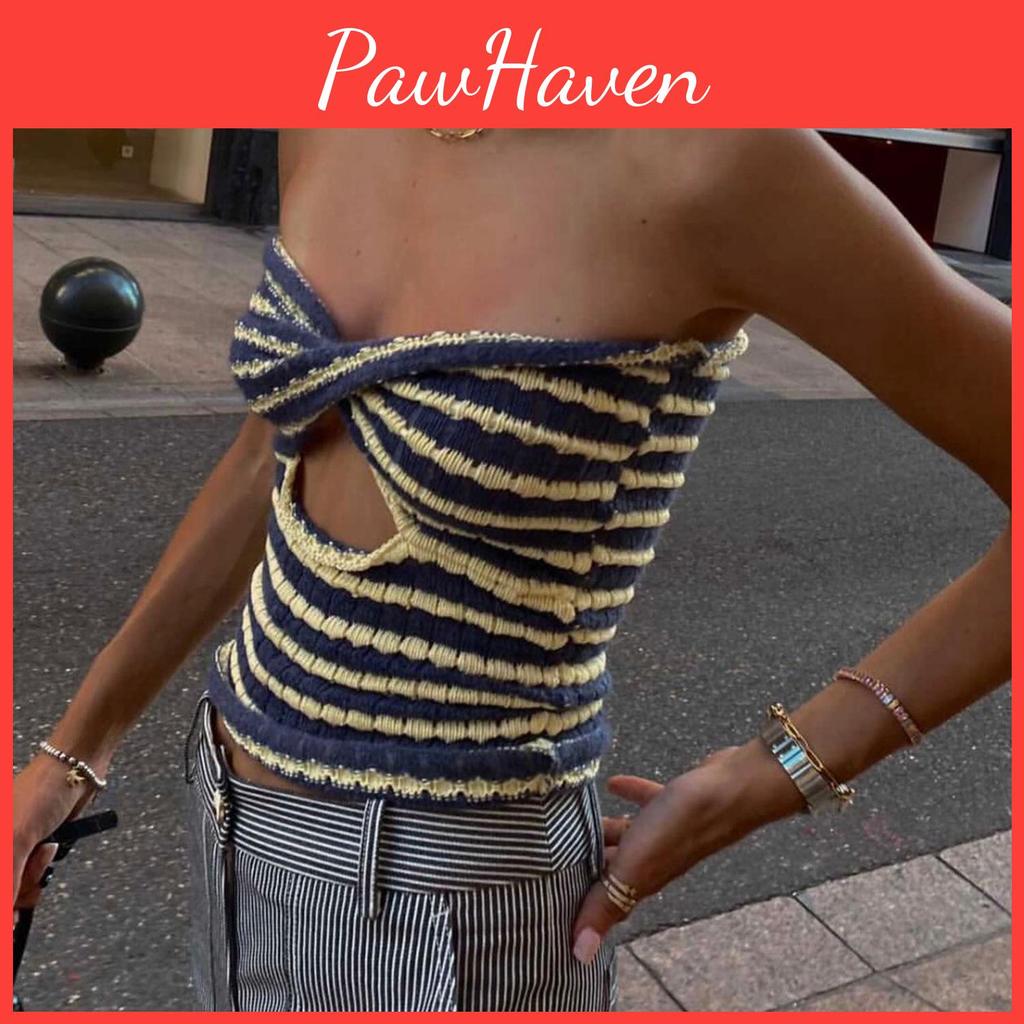 Tank Stripe Sweaters Strapless Knitted Cut Out Crop Backless Cropped Tops Sxl