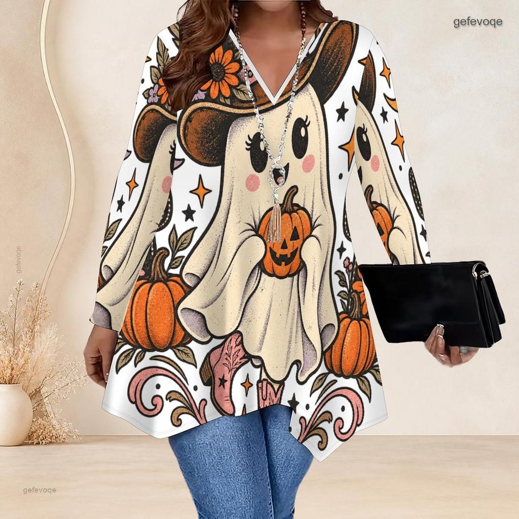 Women Plus Size V Neck Long Sleeve Halloween Ghost Pumpkin Printed Asymmetric Hem Tunic Top