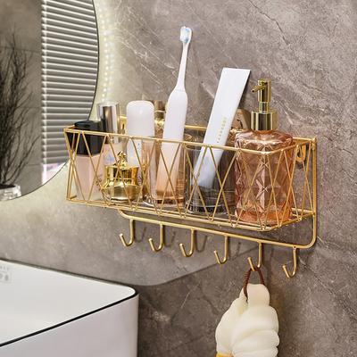 Bathroom Storage Rack with Hollow And Multi-Hook Design Basket Large Capacity Adhesive Installation Organizer for Home