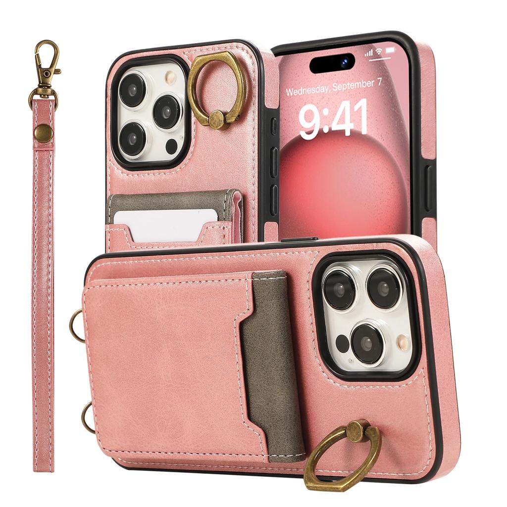 Vertical Cards Solt Ring Holder Leather Wallet Case For iPhone 15 16 Pro Max 14 Plus 13 12 11 XS XR SE2022 Stand Strap Bag Cover
