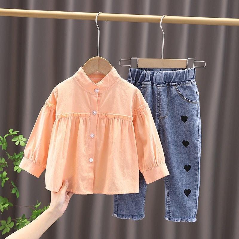 

Adorable Baby Girls Fashionable Fall Clothing Set With Soft Cotton Shirt And Jeans Orange Doll Shirt,120cm/47.24in