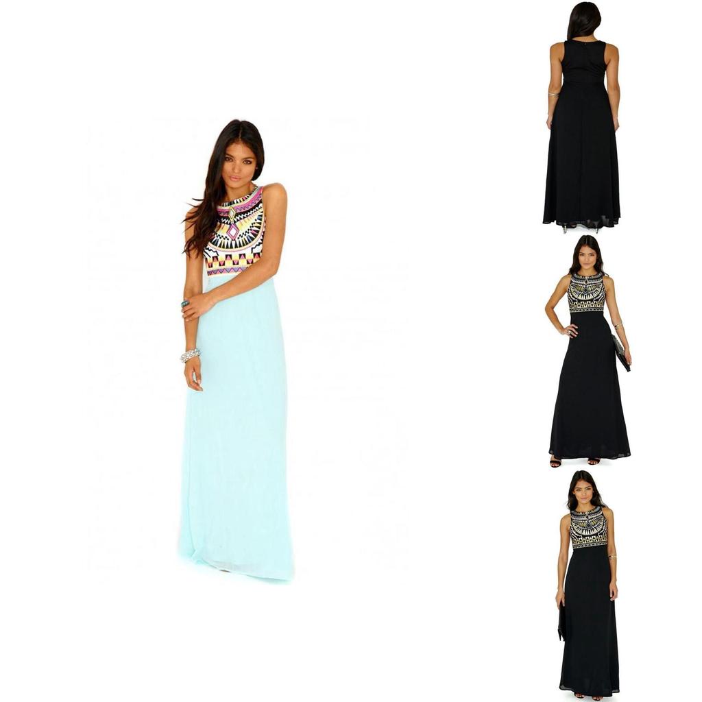 Elegant Women Round Neck Sleeveless Geometric Print Chiffon Dress Long Floor Length Stylish Casual Attire