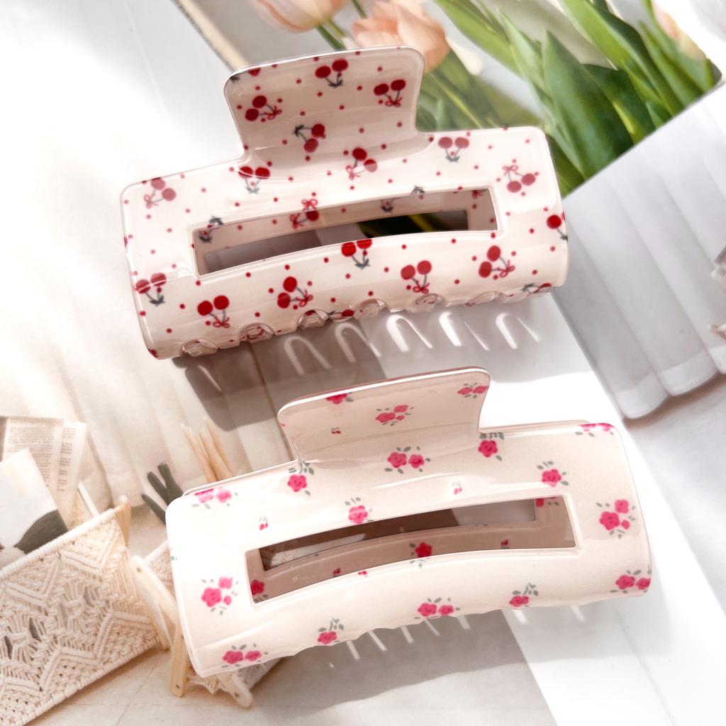 Rosa Söt Elegant Blommig Körsbär Hårklämma Set, Akryl Tryck Rosett Tusensköna Hårnålar för Kvinnor Sommar Blommig Håraccessoar