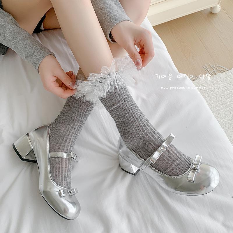 Lolita Girls Lace Ruffles Middle Socks Solid Color Japanese Summer Mesh Breathable Women Stockings  Elastic Thin JK Calf Socks