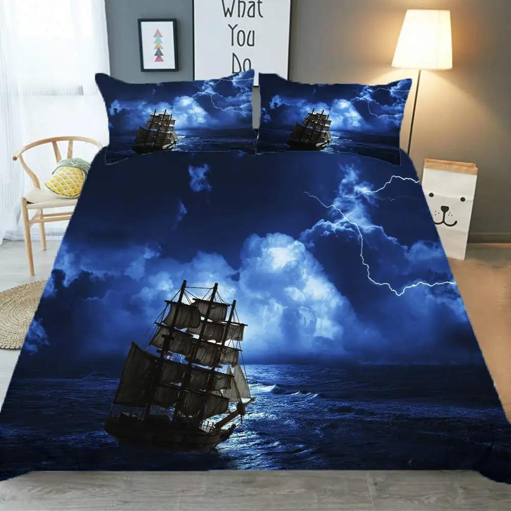Pirate Sailboat Soft Duvet Cover Nautical Ocean Theme Young Boys Ten Beding Col Style Adult People Beding Set Wave Patern Printed Rom Decor