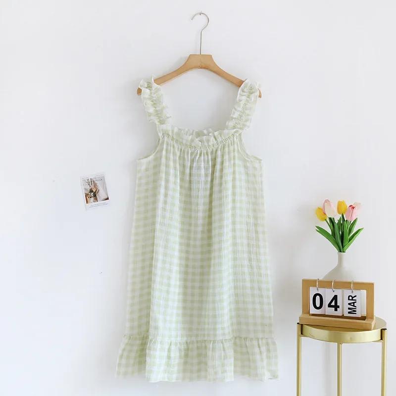 Ladies Summer Cotton Yarn Pure Cotton Thin Suspender Nightdress Loose Mid-length Sweet and Lovely Long Home Dress Sexy