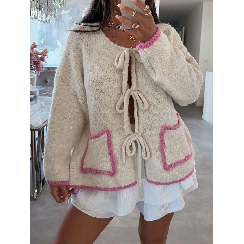 

Western Style New Fashion Casual Over fit knit Long sleeve Lace up Sweater Knitted Tie Sweater Beige XL