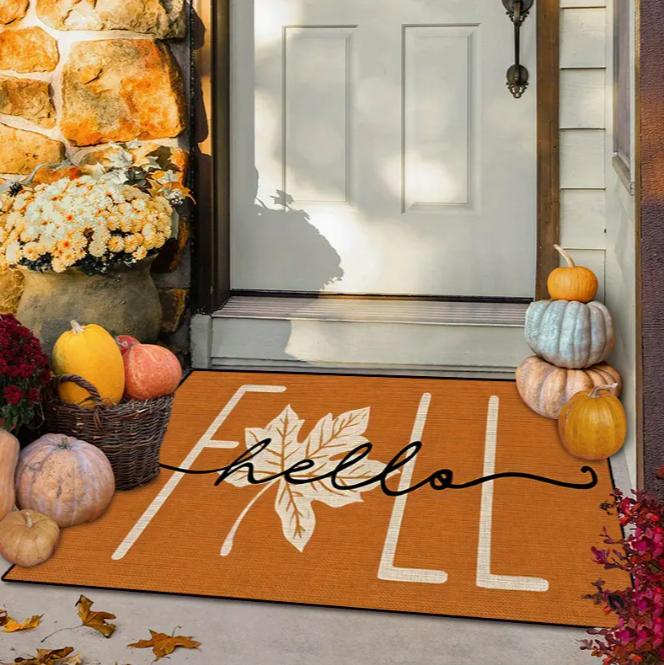 Autumn Maple Leaf Welcome Door Mat Country Style Thanksgiving and Halloween Flannel Comfortable Breathable Home Decoration Rug