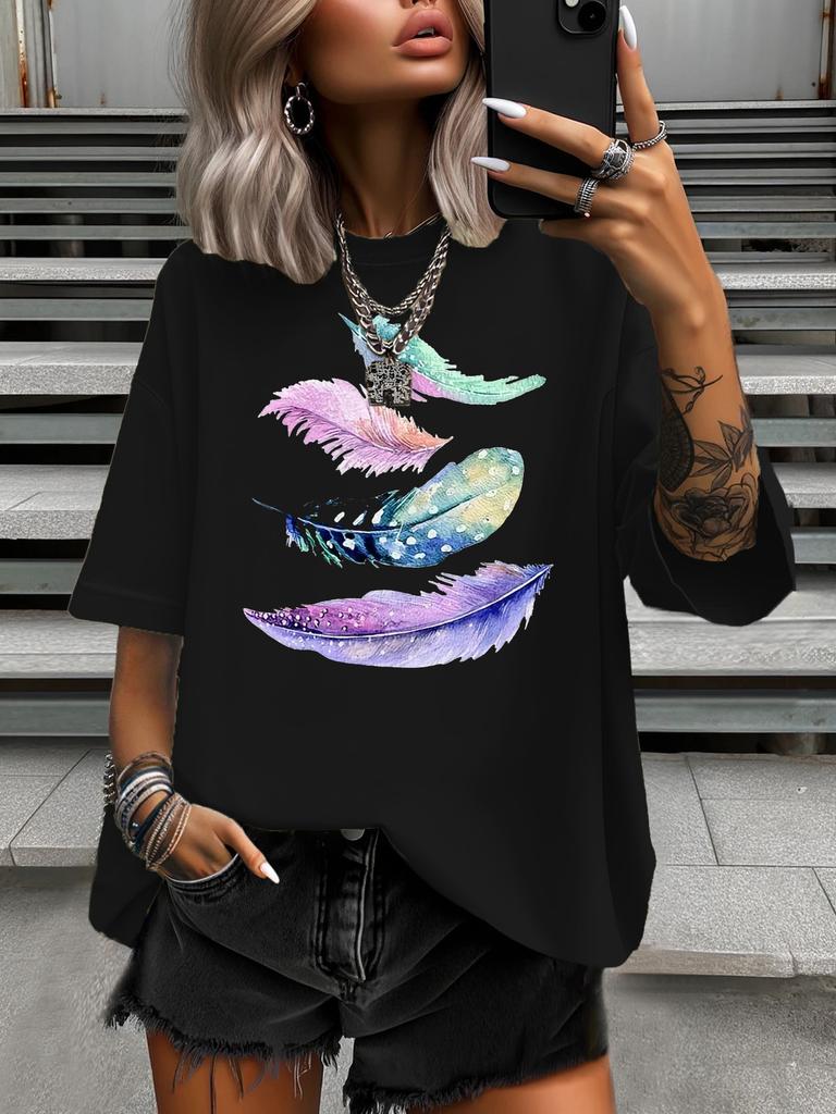 Fashion Colorful Feather Printed Summer Women's Plus Size T-Shirt Women's Casual Round Neck Short Sleeved Tops