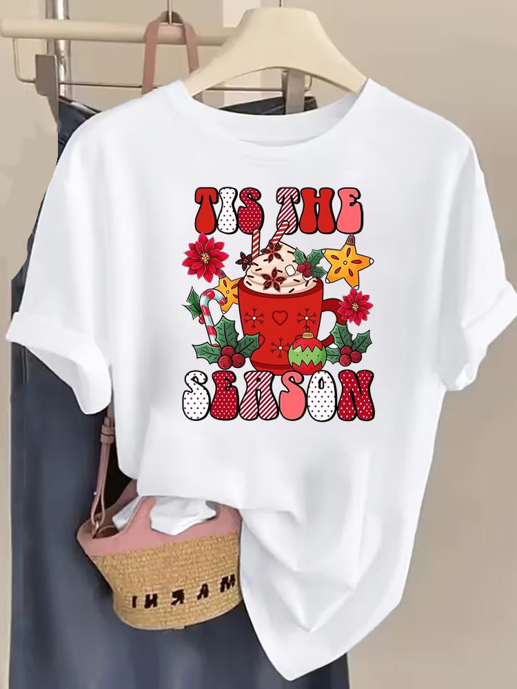 (Asian Size) watercolor tree style Tee Top Christmas Festival New Year Clothing T Shirt Women Fashion Print Female Woman Short Sleeve Graphic T-shirts