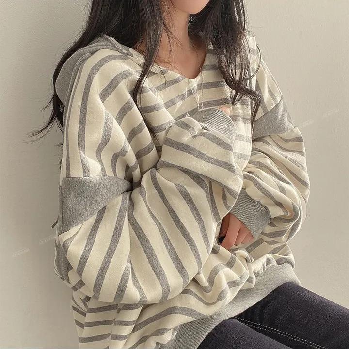Spring and Autumn Women's Striped Hoodie Casual Long Sleeve Sweatshirt Vintage Oversized Hoodies