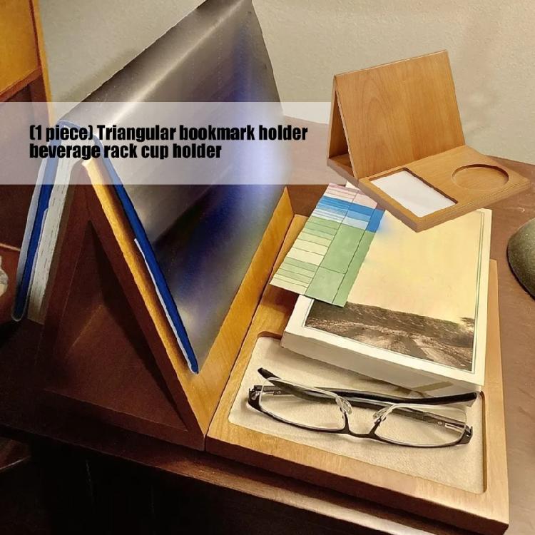 Geometric Wooden Book Stand with Beverage Holder Phone Slot Triangular Wood Desk Organiser for Kitchen Office Classroom