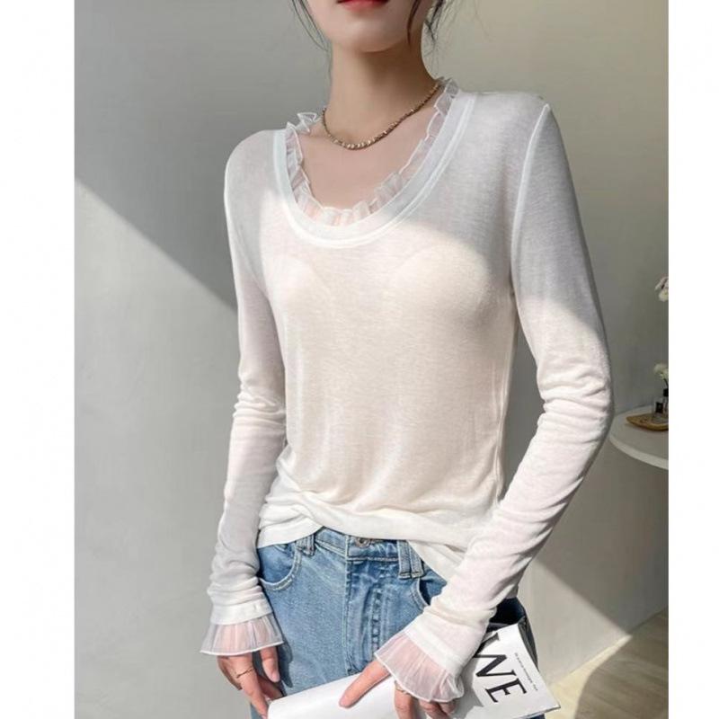 

Women s Slim Fit White Lace Patchwork Long Sleeve Top Small