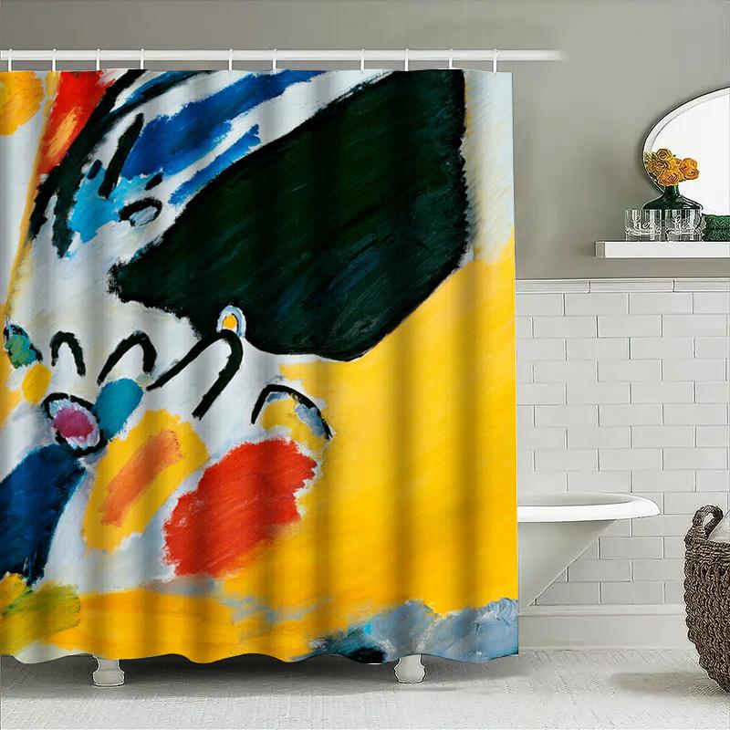 Abstrakt Färgglad Badrumsduschdraperi Dekor Modern Akvarell Blå Gul Röd Orange Svart Tryckt Tyg Vattentät Matta Underlägg