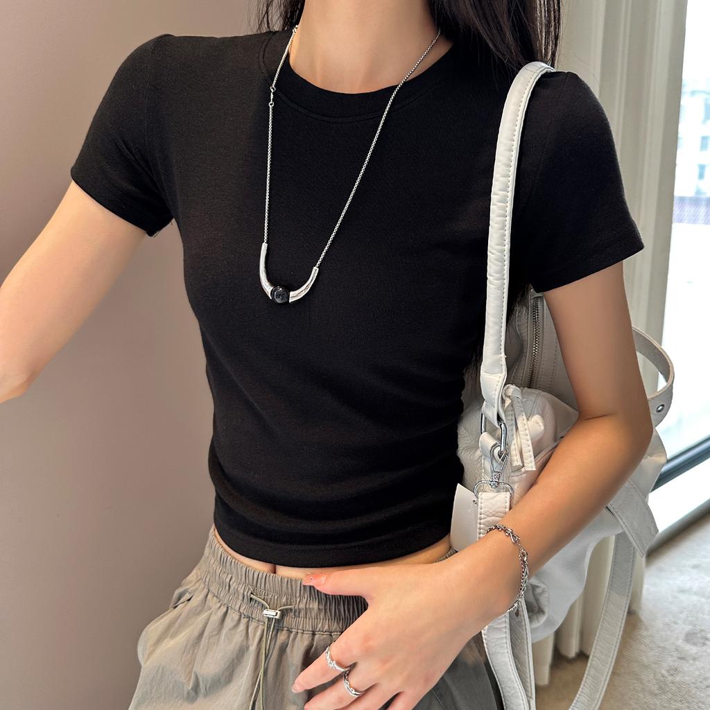 Women's Round Neck Short Sleeve Blouse Slim Fit Casual Style Ruched Cropped Cotton Tee