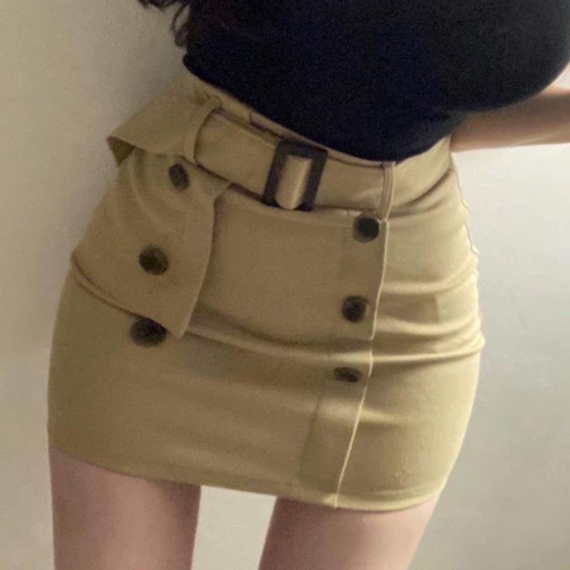 Korean Dongdaemun High-Waisted Belted Double-Breasted Slimming Skirt for Women