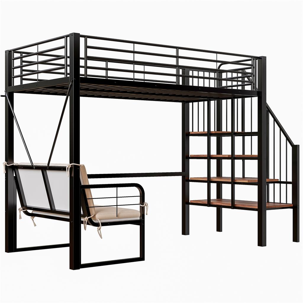 Etagenbett (90 x 200) mit stabilem Metallrahmen, abnehmbarem Polstersofa, Stauraum und Sicherheitstreppe. Geeignet für Kinder und Erwachsene. Schwarz.