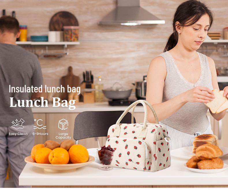 Strawberry Corduroy Insulated Waterproof Lunch Bag - Large Capacity Picnic Handbag