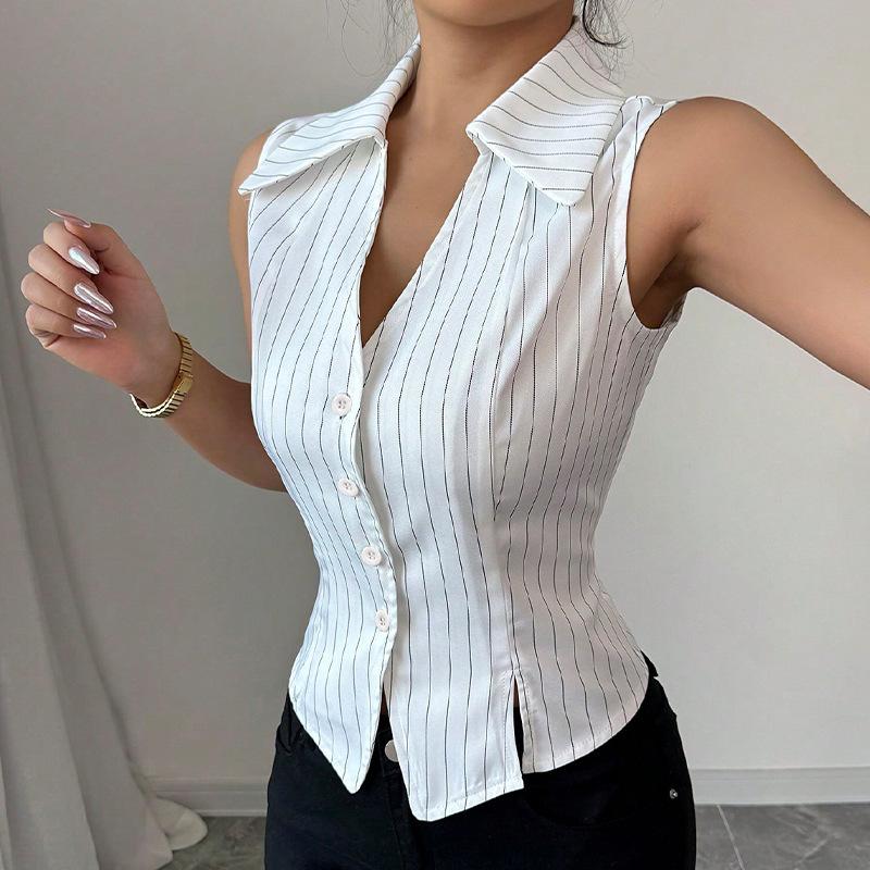 Women White Vertical Striped Sleeveless Collared Shirt Front Button Slim Split Hem Tank Top S белый