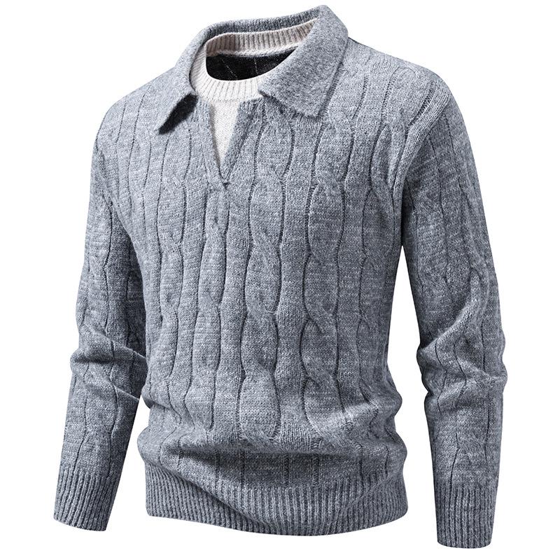 Cross2025 Men's Autumn/Winter Cable Knit Polo Sweater: Trendy European Twist with Lapel and Long Sleeves