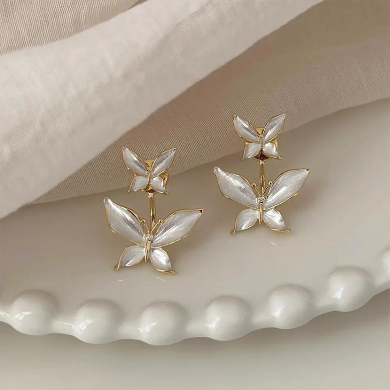 New Arrival Cute Double White Butterfly Stud Earrings for Women Temperament Korea Earring Fashion Jewelry Accessory Gift