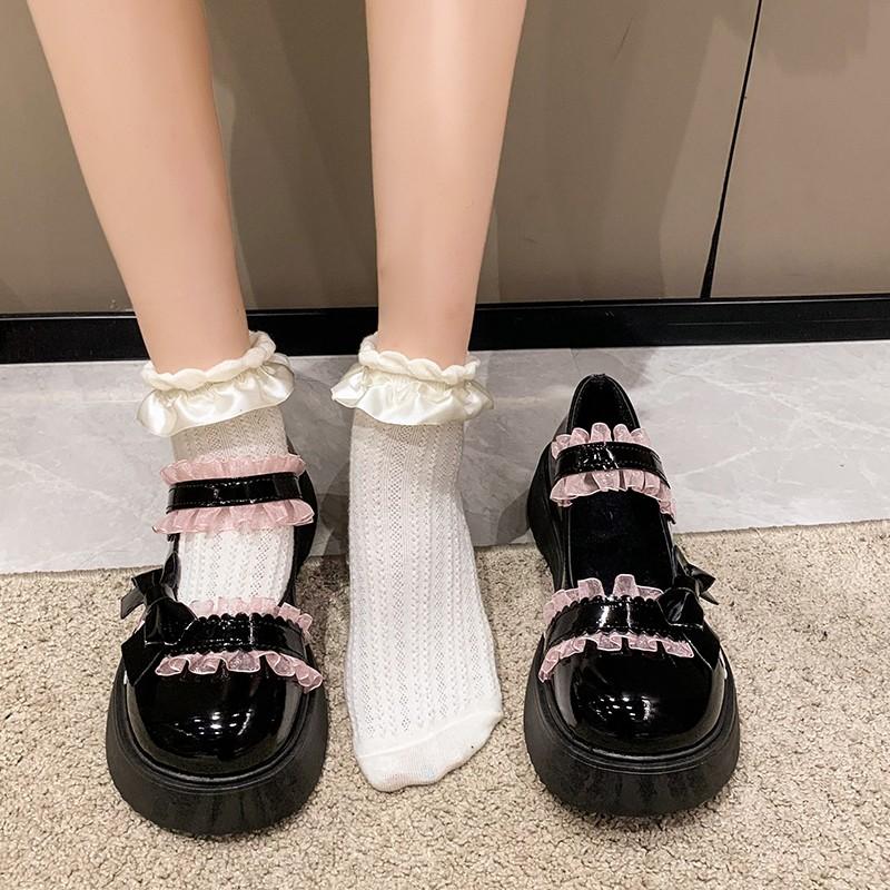 Spring Mary Jane Shoes Round Head Shallow Mouth Bow Lace One Line Buckle Waterproof Platform Non-slip Shoes