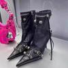 Soleist High Thin Heeled Ankle Boots for Women Metal Decor Rivet Fringed Zip Ppinted Toed Motorcycle Lady Booties Women Shoes