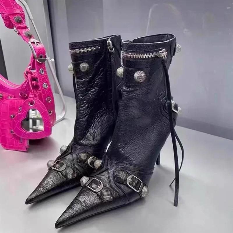 Soleist High Thin Heeled Ankle Boots for Women Metal Decor Rivet Fringed Zip Ppinted Toed Motorcycle Lady Booties Women Shoes