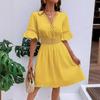 Women's summer new splicing lace fashion V-neck waist solid color dress