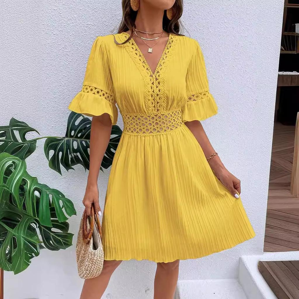 Women's summer new splicing lace fashion V-neck waist solid color dress