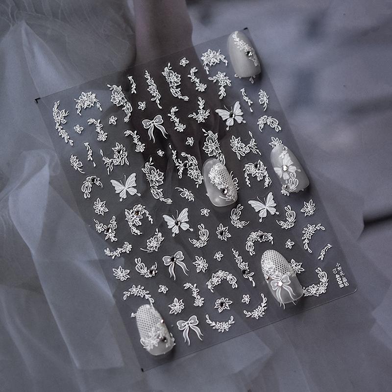 Naklejka 3D na paznokcie z białym kokardką i kwiatem, ultracienka, samoprzylepna, suwak, letnia naklejka do zdobienia paznokci, dekoracja, akcesorium do DIY manicure