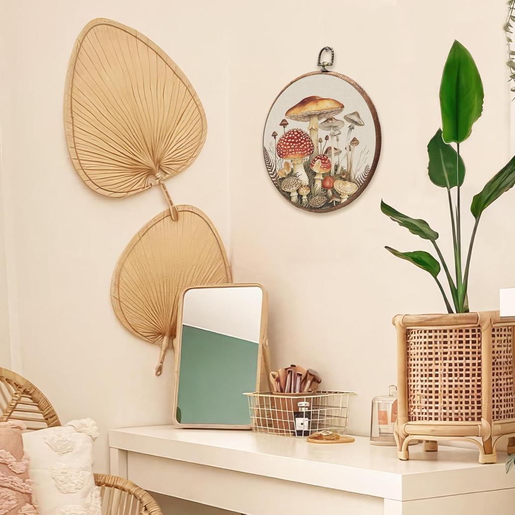BCUANGD Vintage Mushroom Round Wall Art Decor - Retro Boho Botanical Wall Art Canvas Frame Artwork Prints, Neutral Cottagecore Round Wall Hanging