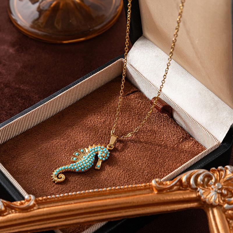 Stainless Steel Seahorse Pendant Necklace Turquoise Boho Ocean Jewelry For Women