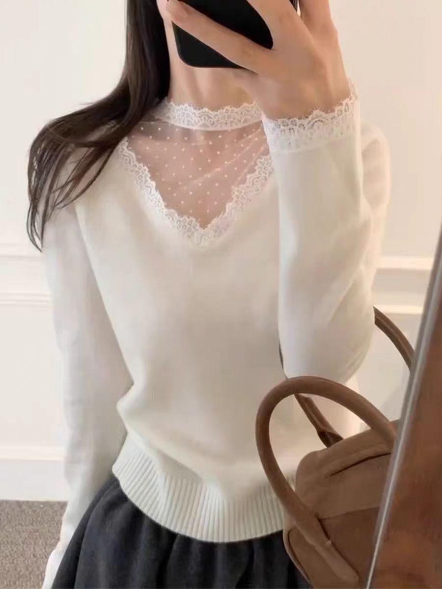 Polka Dot Lace Patchwork Cashmere Sweater One Size